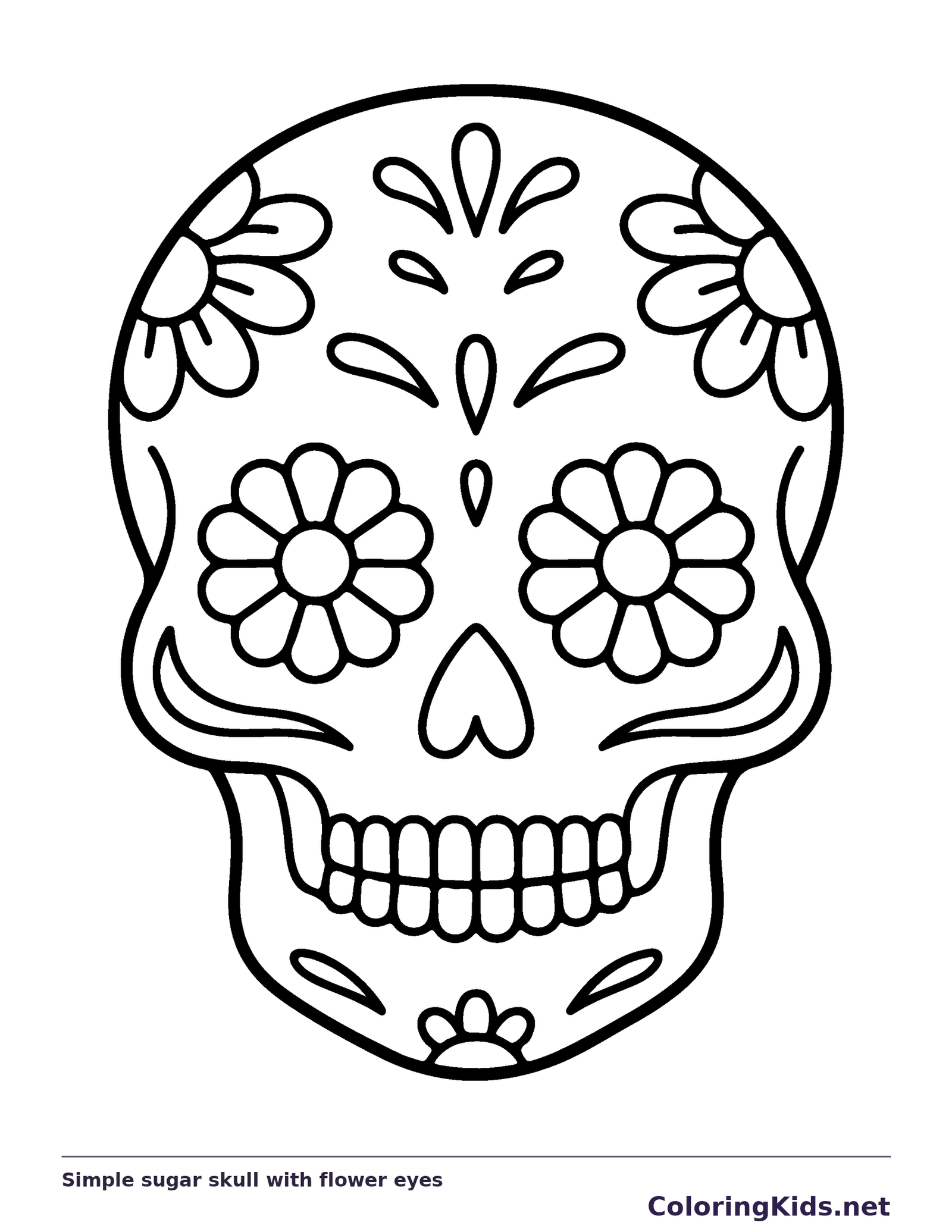 Simple sugar skull with flower eyes coloring page: black and white line art to print or color online