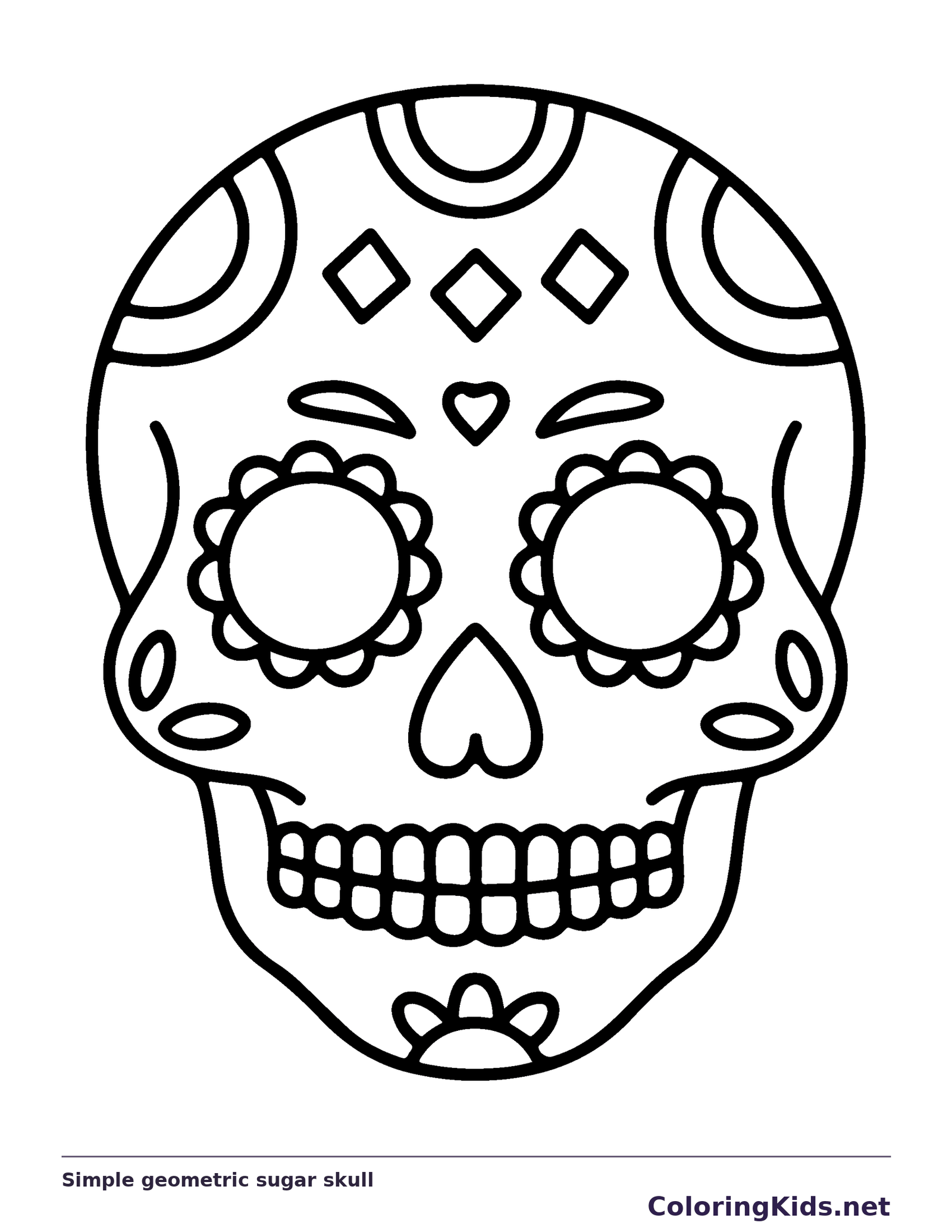 Simple geometric sugar skull coloring page: black and white line art to print or color online