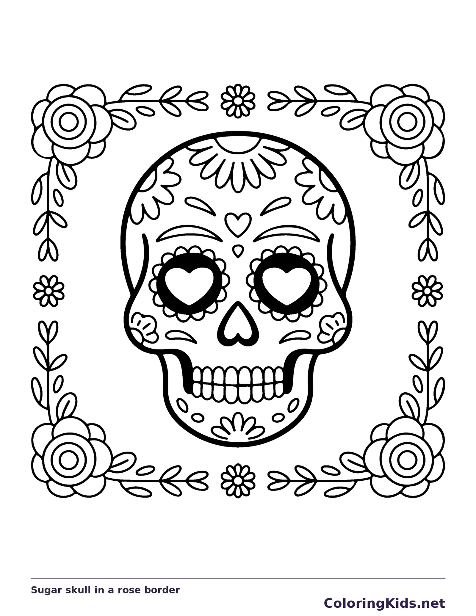 Sugar skull in a rose border coloring page: black and white line art to print or color online