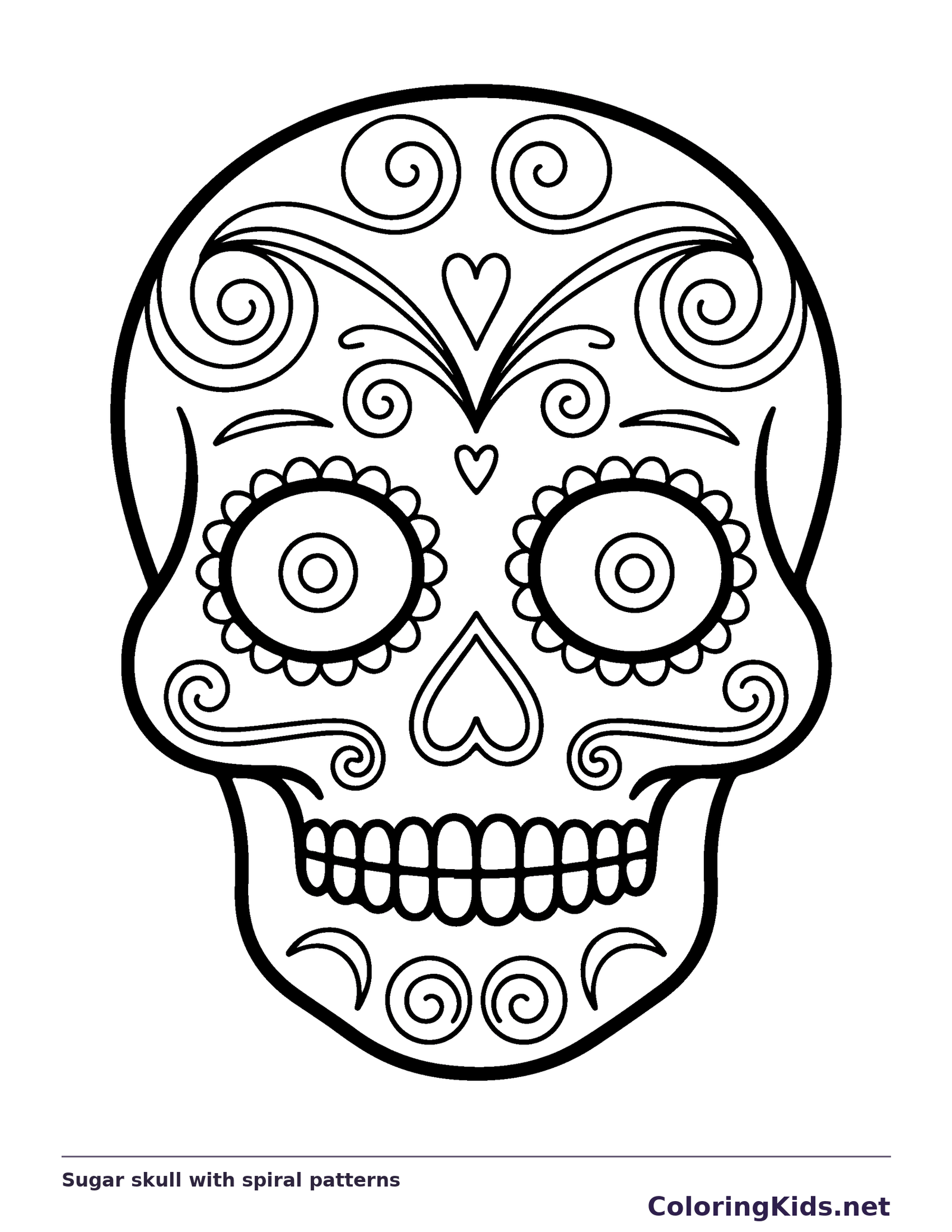 Sugar skull with spiral patterns coloring page: black and white line art to print or color online