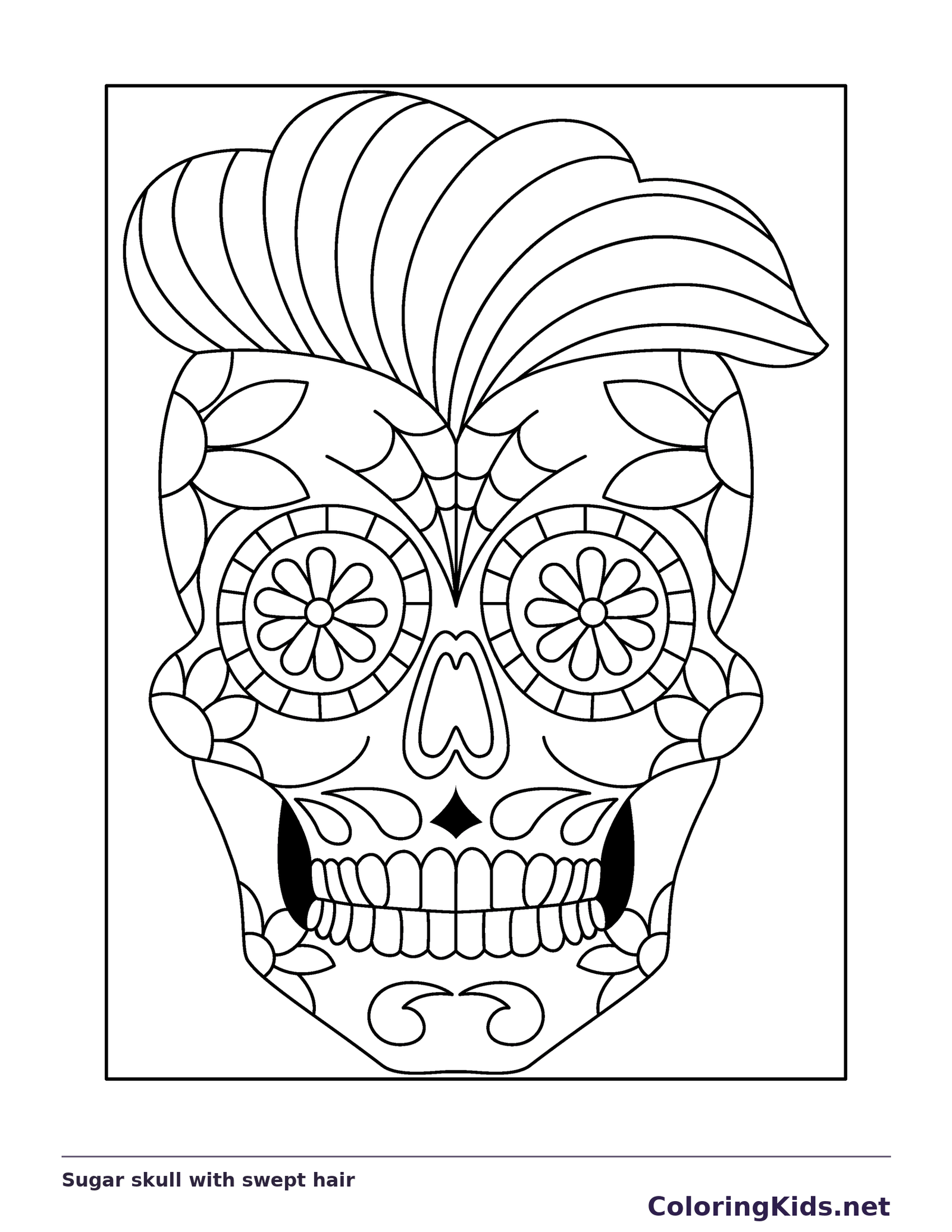 Sugar skull with swept hair coloring page: black and white line art to print or color online