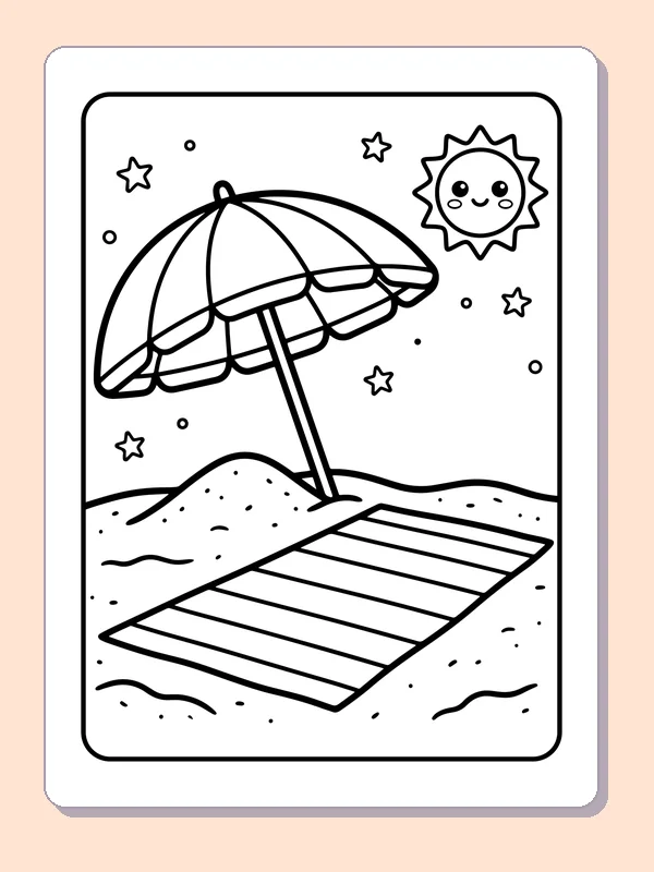 Black-and-white summer coloring page of beach umbrella over an empty towel: A striped umbrella stands over a rectangular towel on the sand, with a smiling sun above.