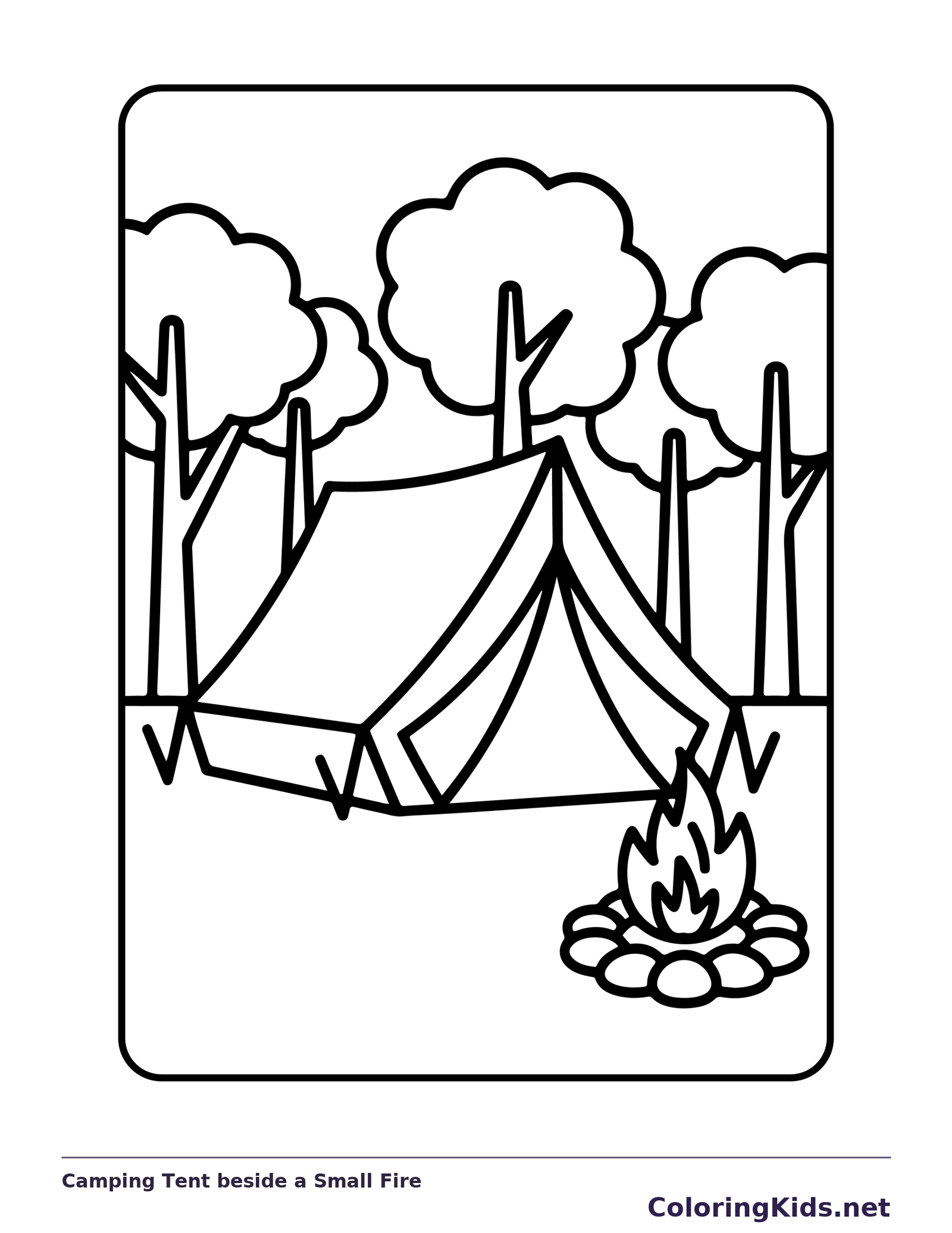 Black-and-white summer coloring page of camping tent beside a small fire: A tent stands among tall trees beside a small ringed campfire.