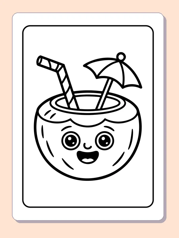 Black-and-white summer coloring page of coconut drink with straw and umbrella: A smiling coconut drink has a bent straw and tiny paper umbrella.