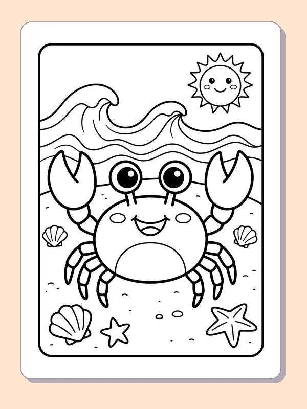 Black-and-white summer coloring page of crab with sunglasses on the shore: A smiling crab in round sunglasses stands among shells beneath rolling waves and a little sun.