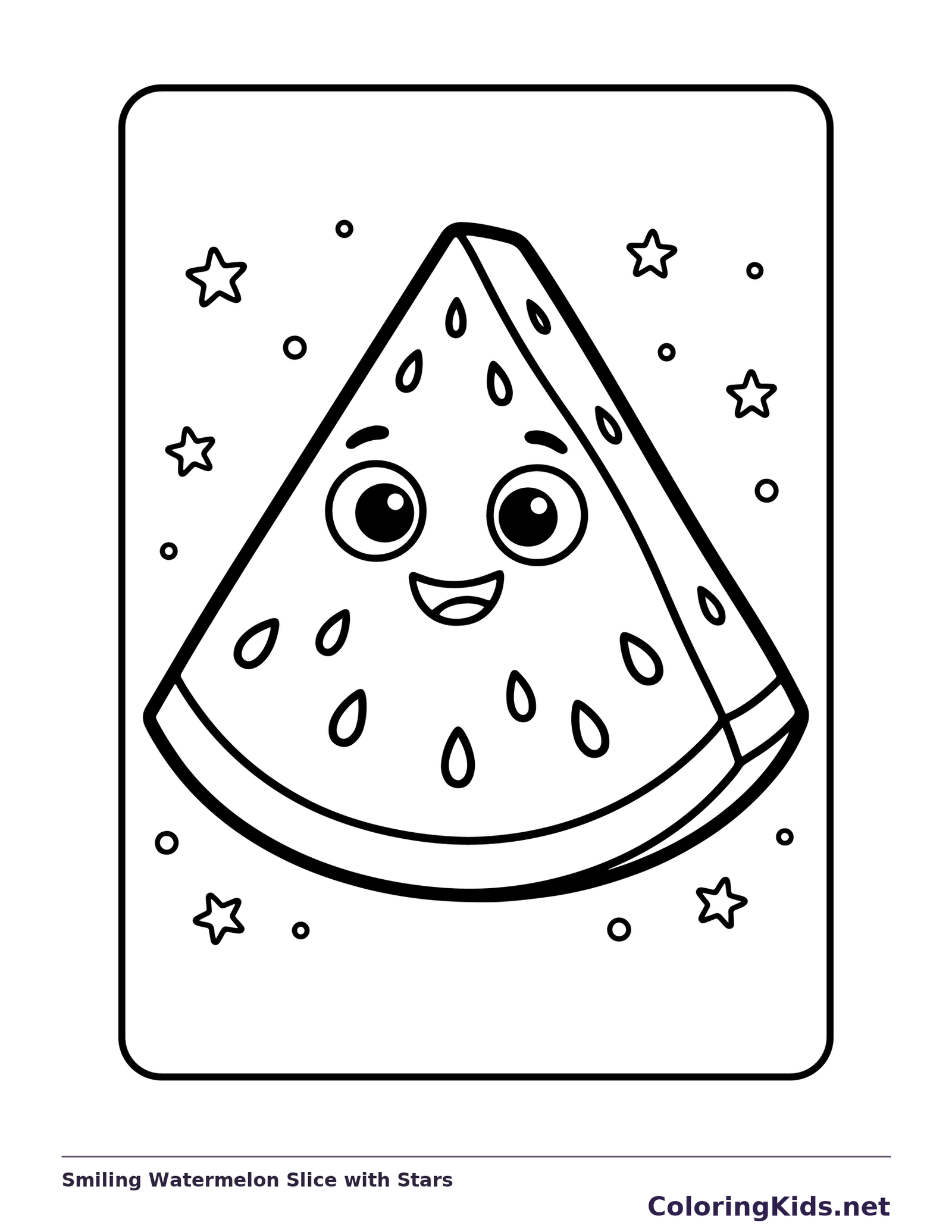 Black-and-white summer coloring page of smiling watermelon slice with stars: A single triangular watermelon slice smiles among small stars.
