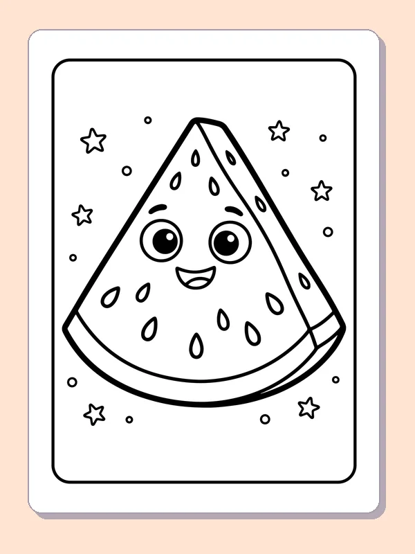 Black-and-white summer coloring page of smiling watermelon slice with stars: A single triangular watermelon slice smiles among small stars.