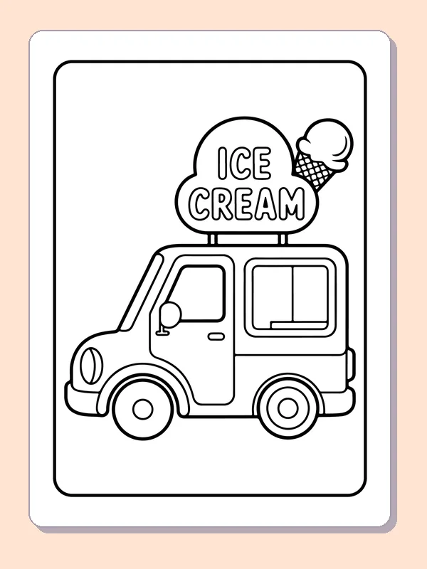 Black-and-white summer coloring page of ice cream truck with a roof sign: A small ice cream truck carries a printed ICE CREAM sign and cone above its roof.