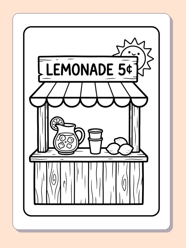 Black-and-white summer coloring page of lemonade stand with a smiling sun: A wooden lemonade stand has a striped awning, cups, lemons and a printed LEMONADE 5¢ sign.