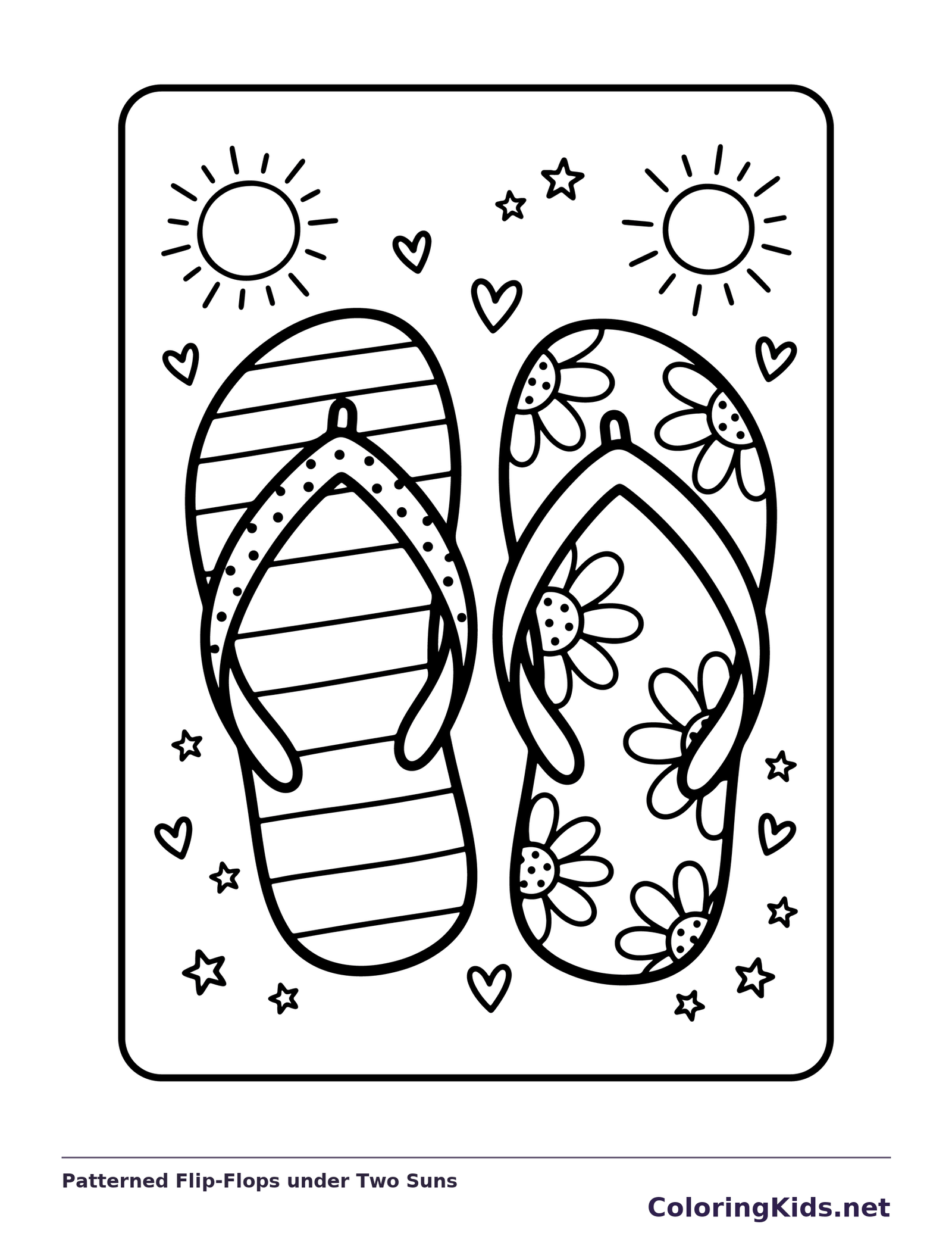 Black-and-white summer coloring page of patterned flip-flops under two suns: Two sandals fill the page, one striped and the other covered with flowers, beneath two smiling suns.