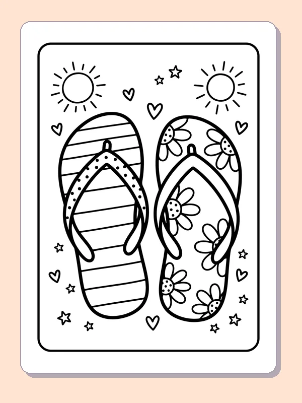 Black-and-white summer coloring page of patterned flip-flops under two suns: Two sandals fill the page, one striped and the other covered with flowers, beneath two smiling suns.