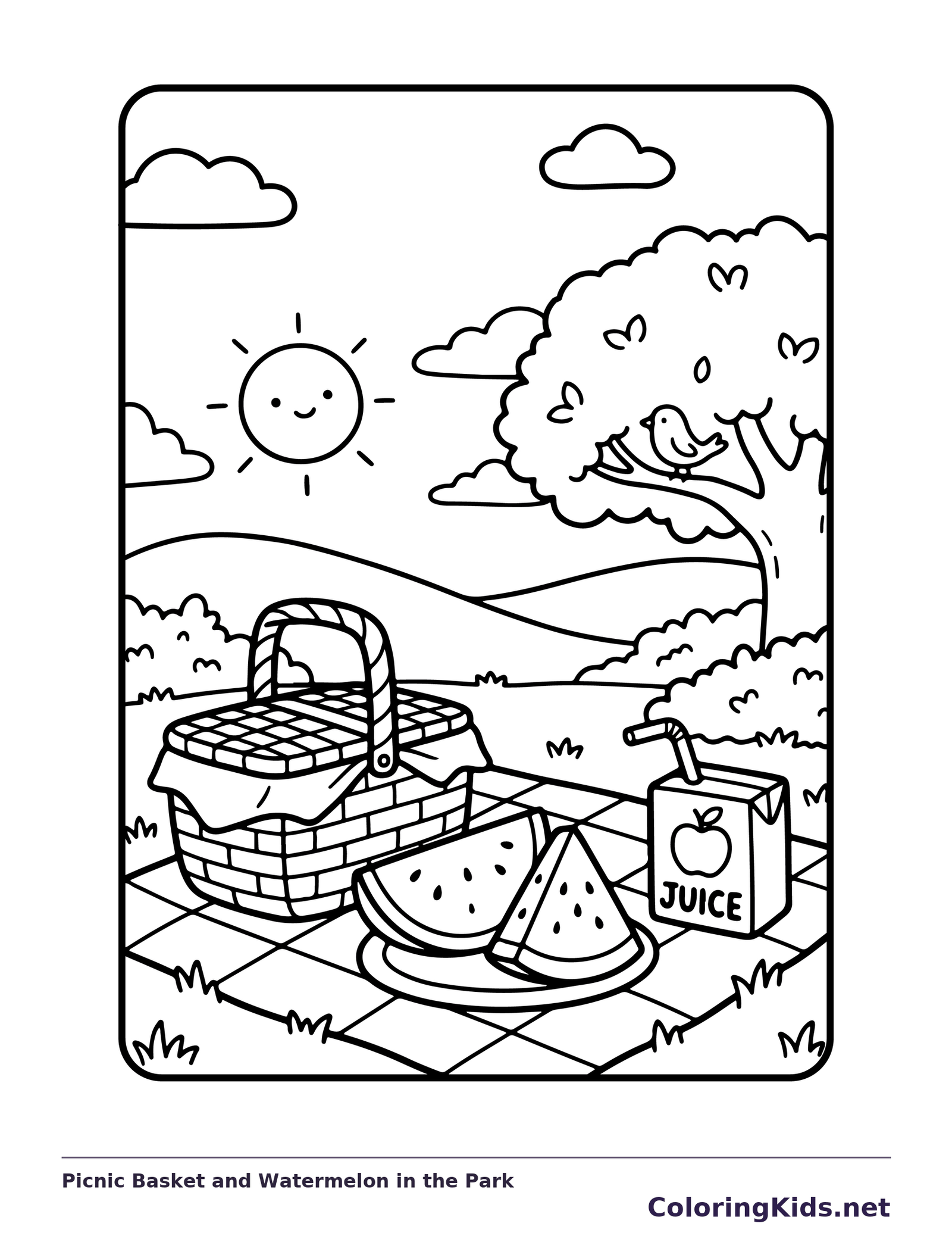 Black-and-white summer coloring page of picnic basket and watermelon in the park: A basket, watermelon slices and drink carton sit on a checked blanket beneath a big tree.