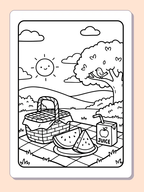Black-and-white summer coloring page of picnic basket and watermelon in the park: A basket, watermelon slices and drink carton sit on a checked blanket beneath a big tree.