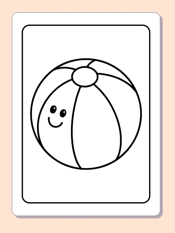 Black-and-white summer coloring page of smiling round beach ball: A beach ball with a little face stands alone against a blank background.