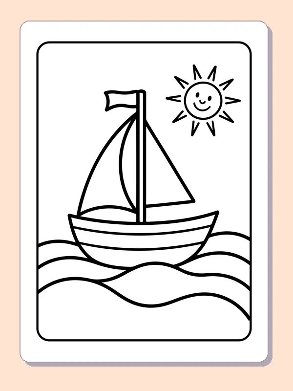Black-and-white summer coloring page of sailboat crossing sunny waves: A sailboat with two triangular sails crosses broad waves beneath a smiling sun.