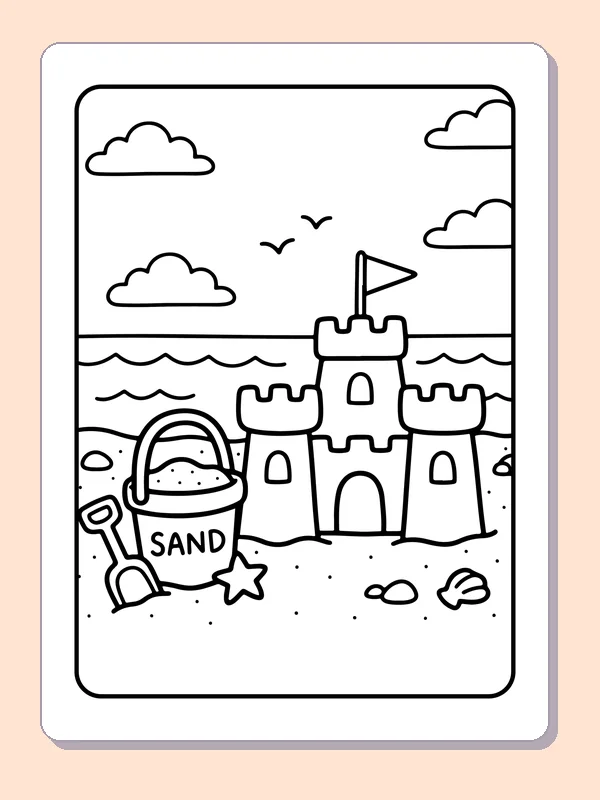Black-and-white summer coloring page of sandcastle beside a beach bucket: A three-tower sandcastle stands near a bucket marked SAND, a shovel and scattered shells.