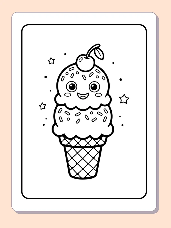 Black-and-white summer coloring page of smiling ice cream cone with cherry: A two-scoop ice cream cone smiles beneath a cherry, with stars around it.