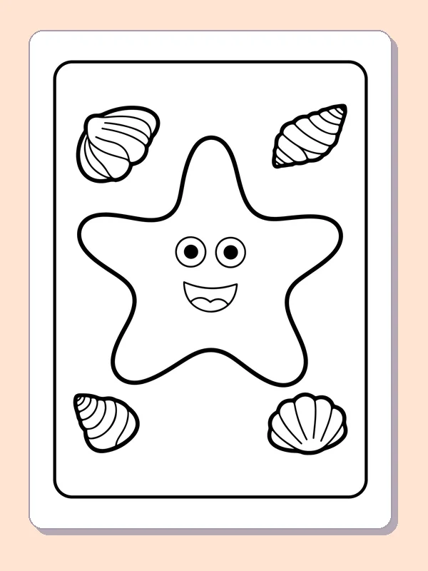Black-and-white summer coloring page of smiling starfish among seashells: One large smiling starfish is surrounded by four shells against an open background.