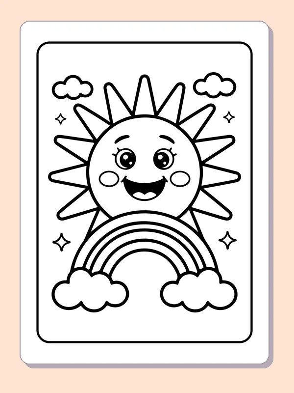 Black-and-white summer coloring page of smiling sun over a rainbow: A large smiling sun shines above a short rainbow and two clouds.