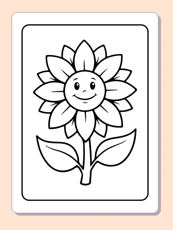 Black-and-white summer coloring page of smiling sunflower with broad petals: A single sunflower has a smiling center, wide petals, two leaves and a stem.