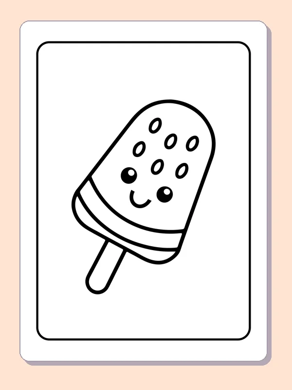 Black-and-white summer coloring page of smiling watermelon ice pop: A single watermelon-shaped ice pop smiles above a short stick.