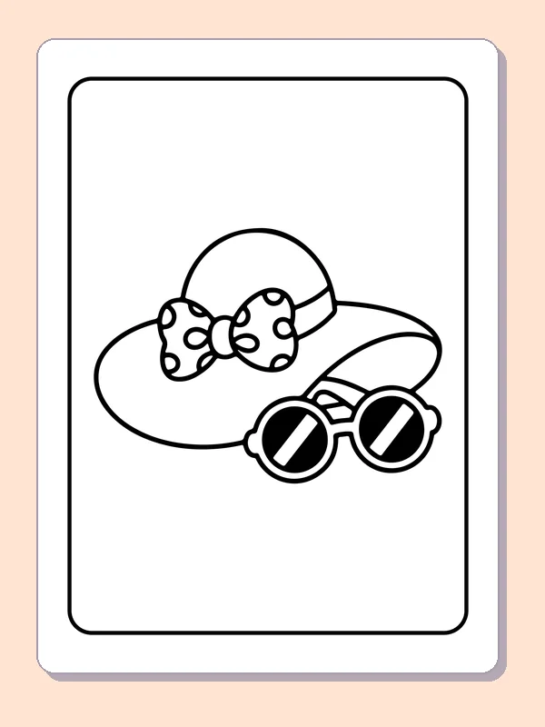 Black-and-white summer coloring page of sun hat and round sunglasses: A broad-brimmed hat with flowers rests beside round sunglasses against a blank background.