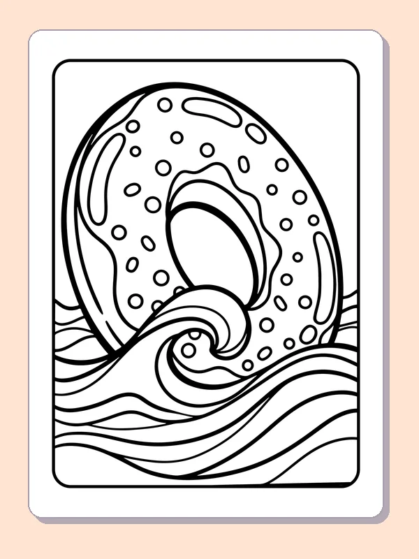 Black-and-white summer coloring page of inflatable swim ring on a wave: A dotted swim ring tilts into a curling wave, with several bands of water around it.