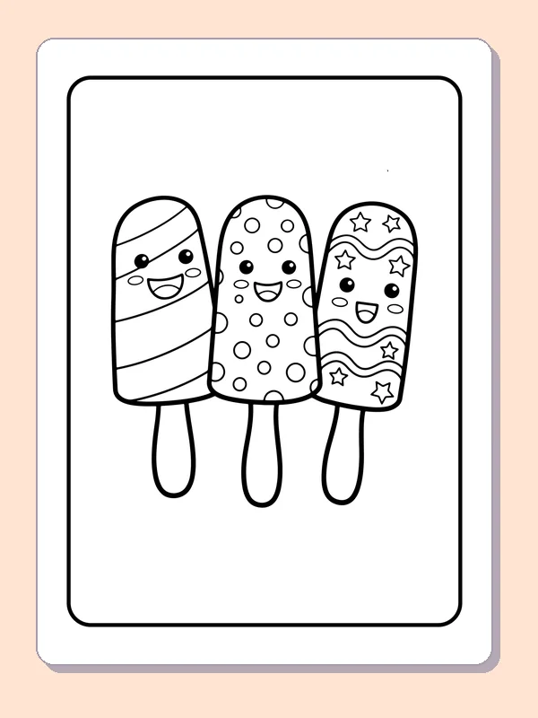 Black-and-white summer coloring page of three smiling frozen pops: Three frozen pops stand side by side, with stripe, dot and tiny-icon patterns.