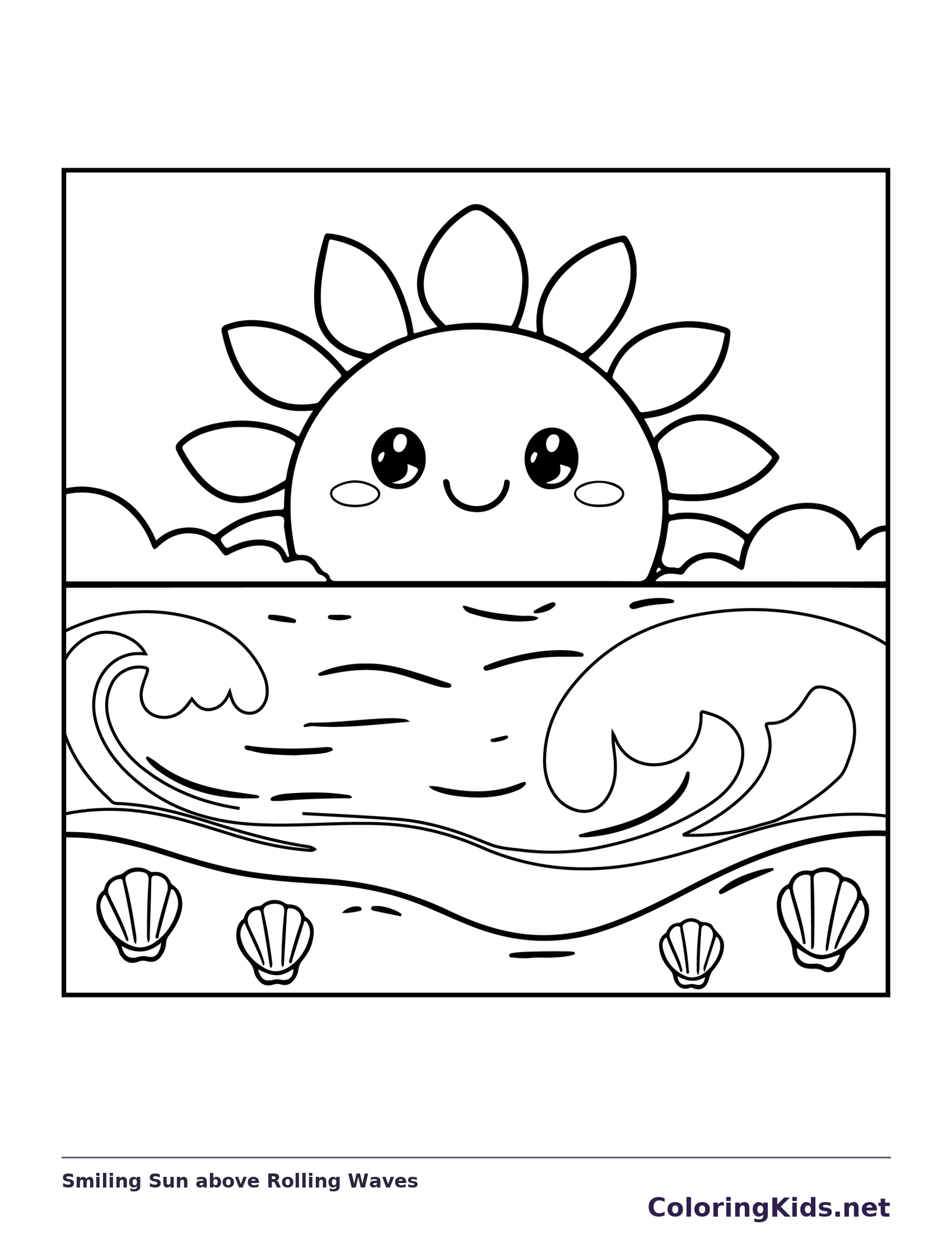Black and white printable drawing of smiling sun above rolling waves