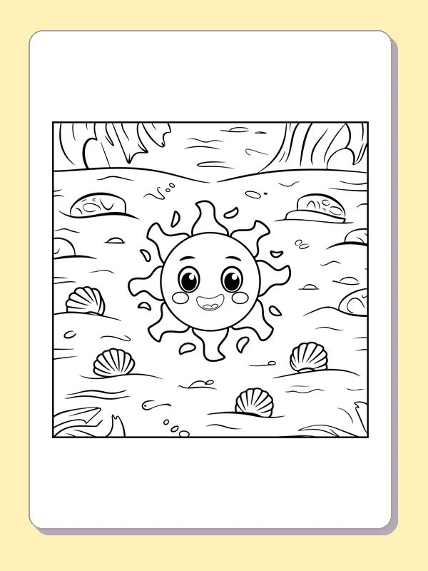 Black and white printable drawing of smiling sun floating in water