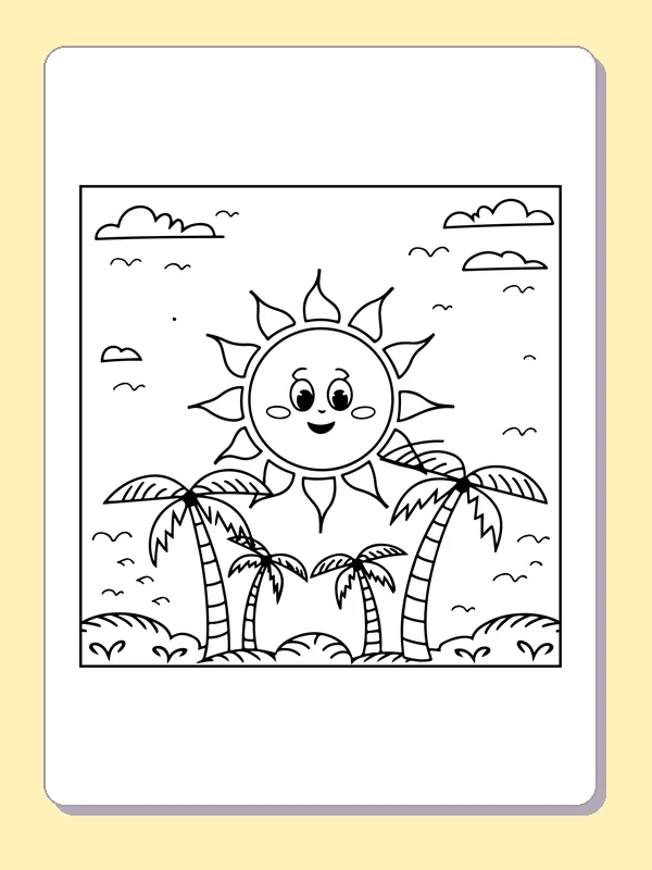 Black and white printable drawing of sun between two palm trees