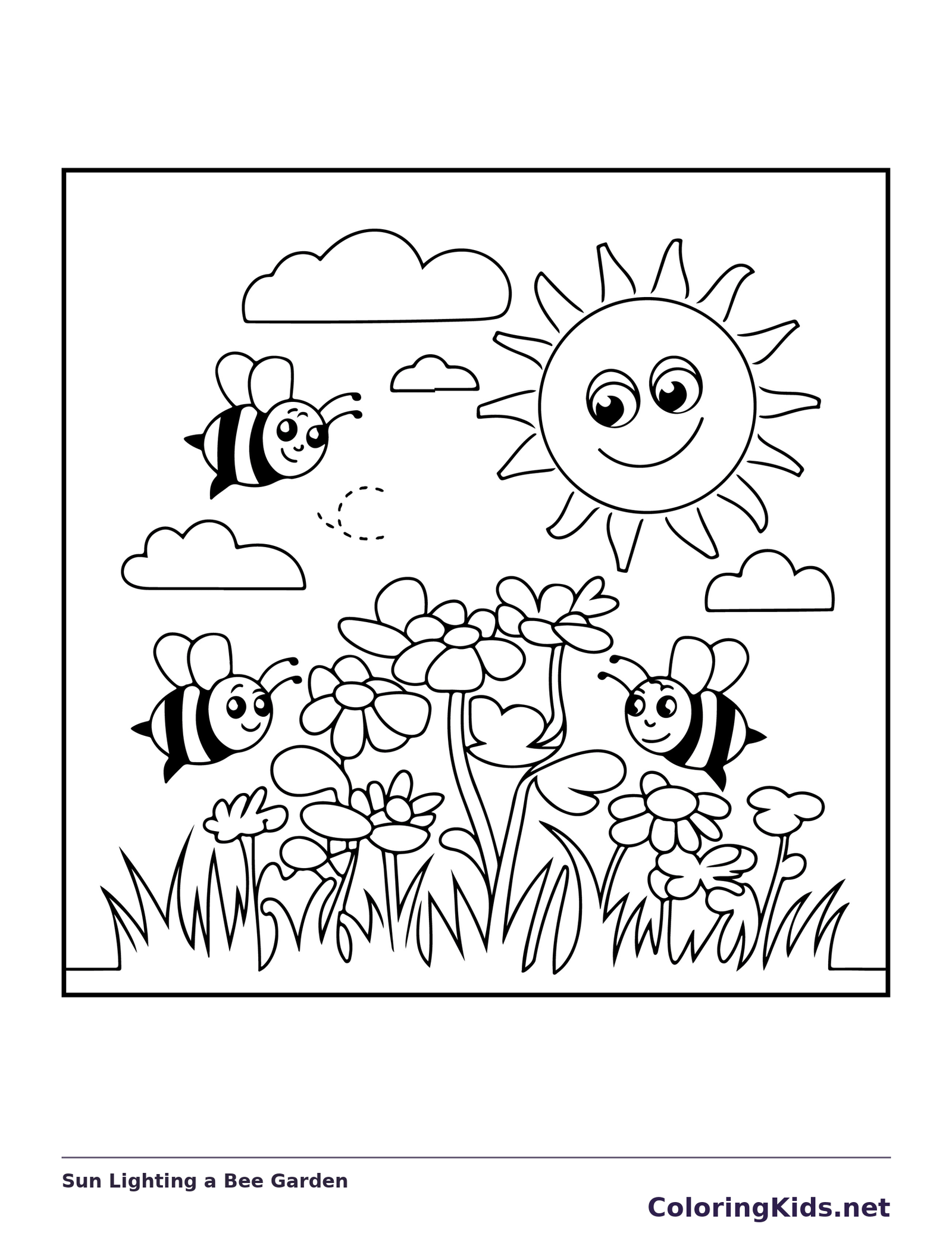 Black and white printable drawing of sun lighting a bee garden