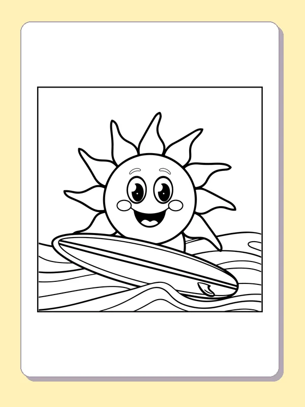 Black and white printable drawing of sun near a surfboard on the waves