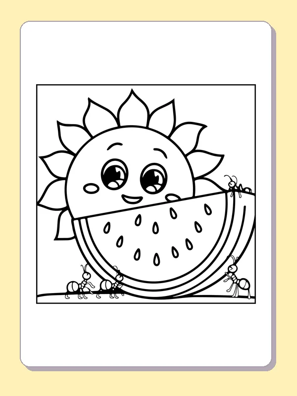 Black and white printable drawing of sun peeking over a watermelon slice