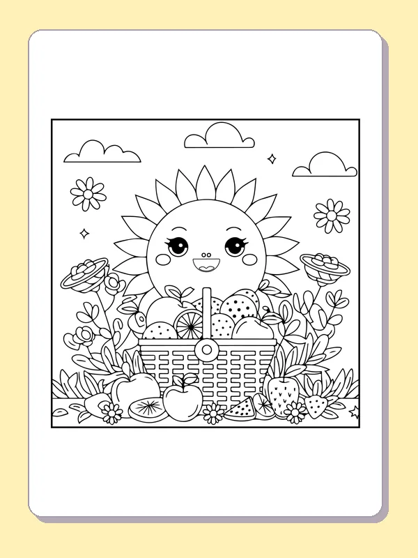 Black and white printable drawing of sun shining over a fruit picnic basket