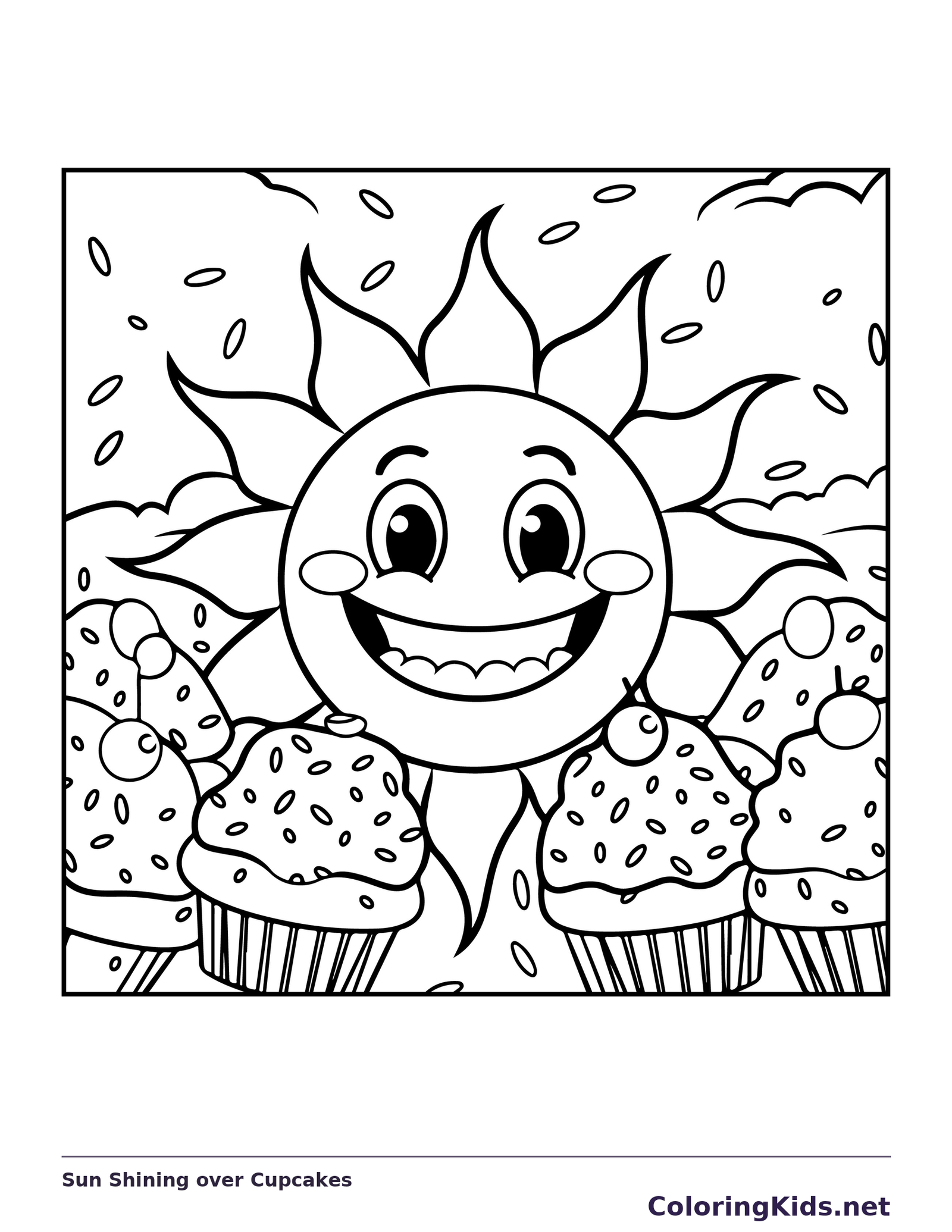 Black and white printable drawing of sun shining over cupcakes