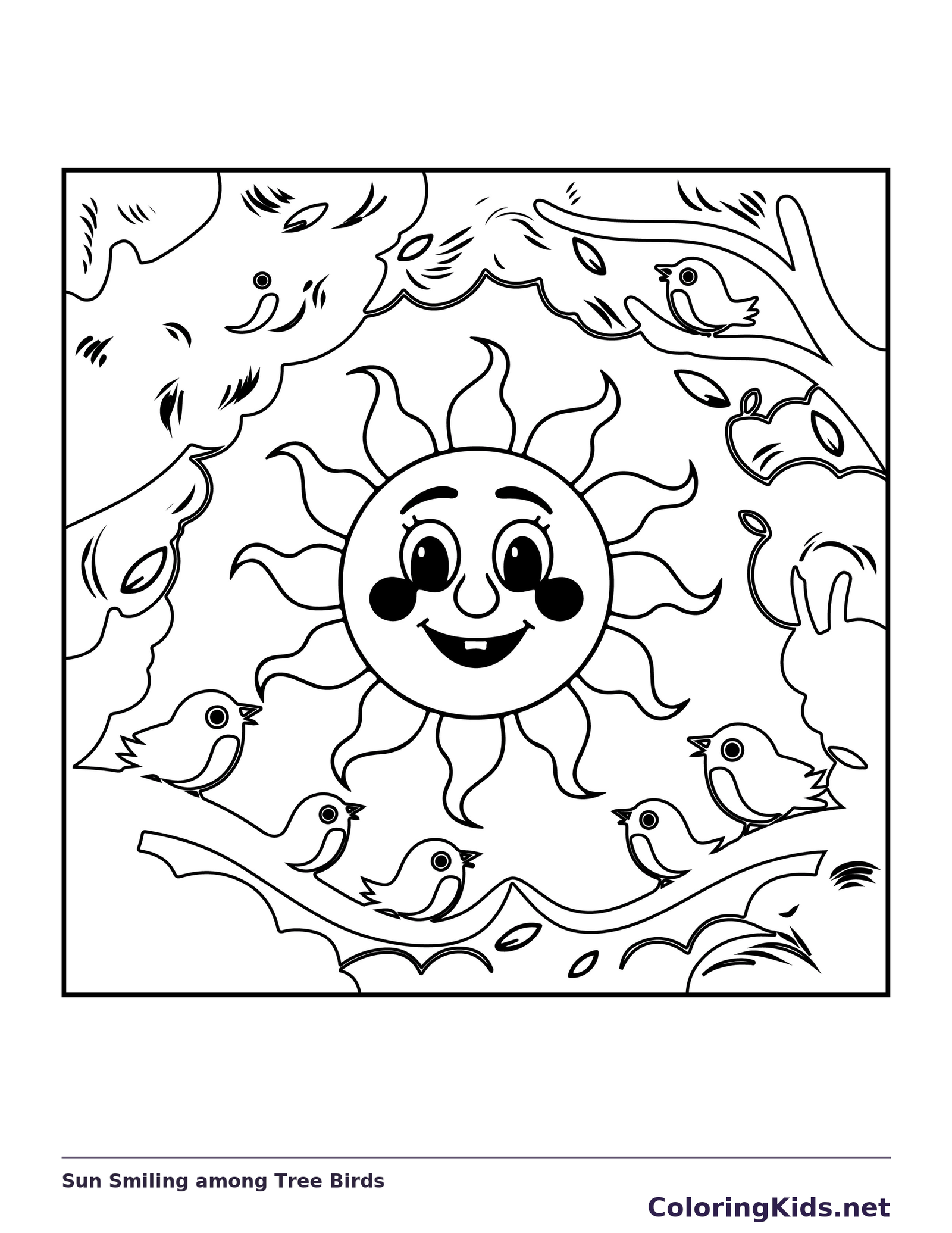 Black and white printable drawing of sun smiling among tree birds