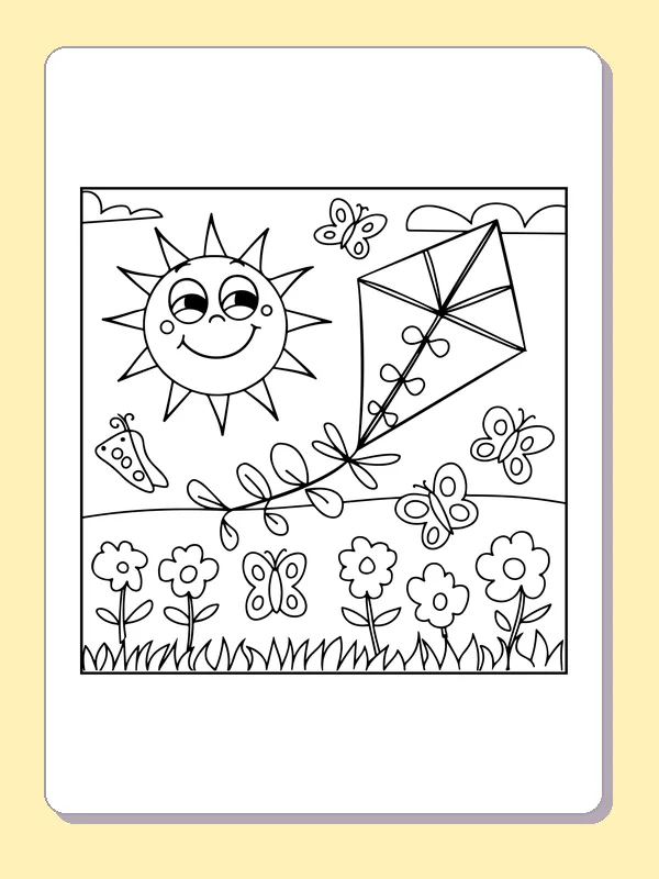 Black and white printable drawing of sun watching a kite in flowers