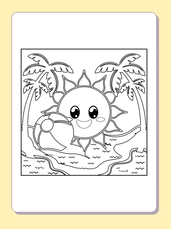 Black and white printable drawing of sun with a beach ball and palms