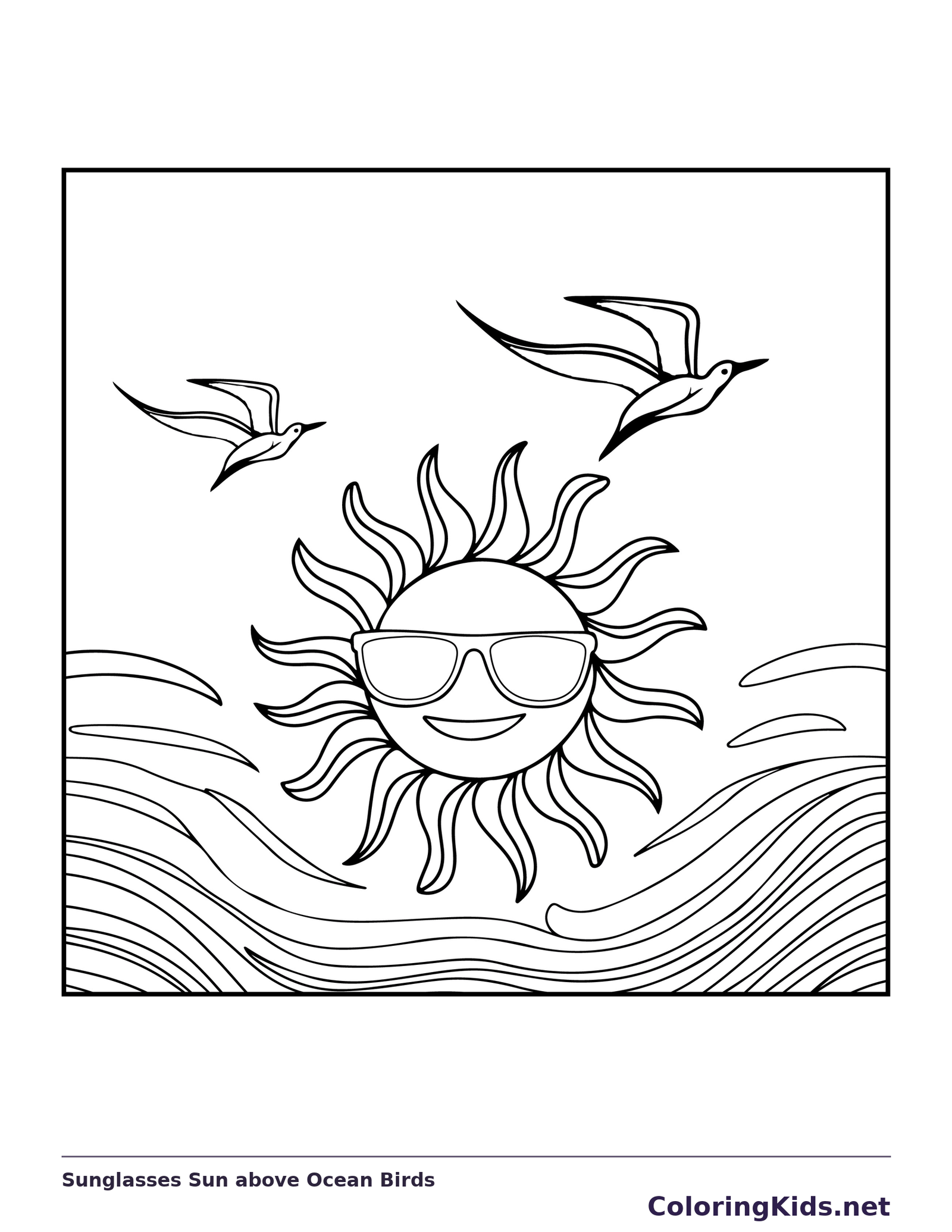 Black and white printable drawing of sunglasses sun above ocean birds