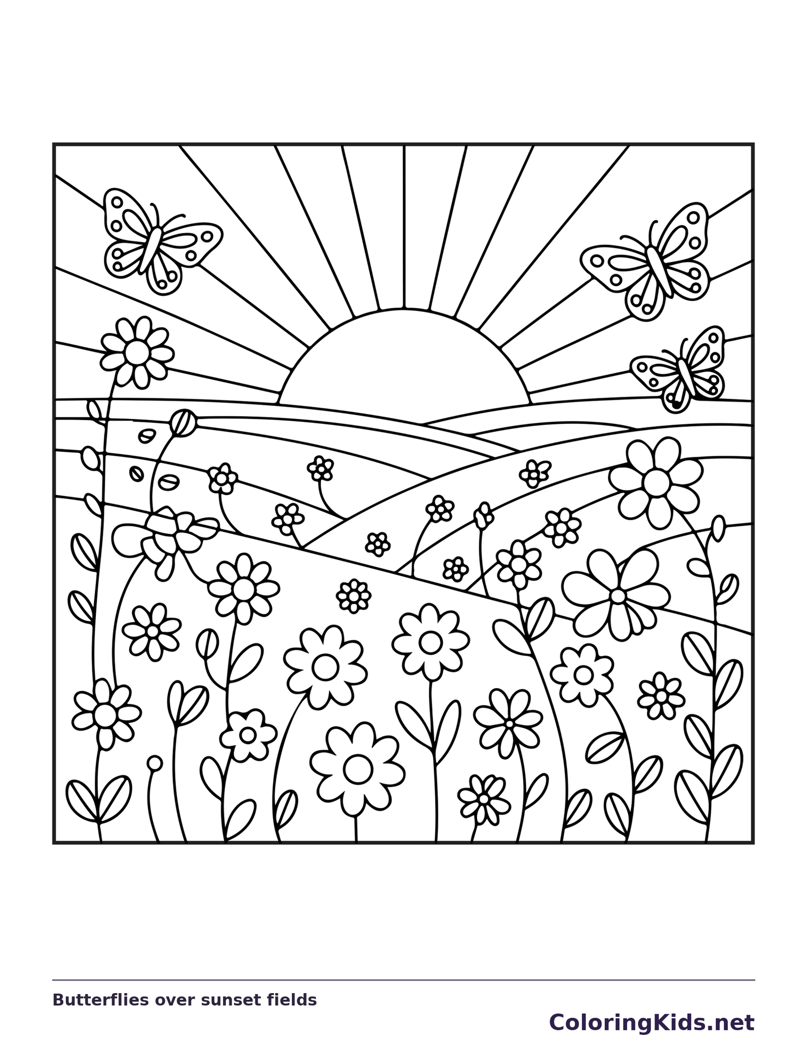 Black and white printable butterflies over sunset fields coloring sheet