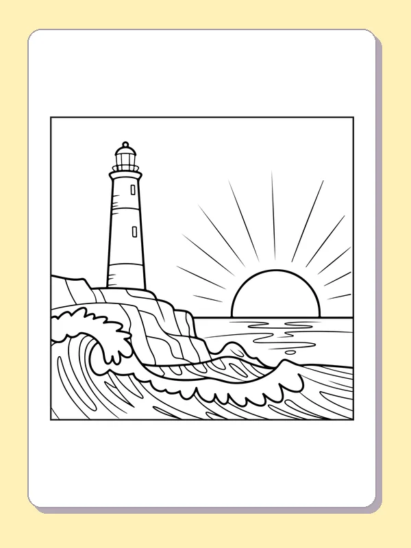 Black and white printable lighthouse beside evening waves coloring sheet
