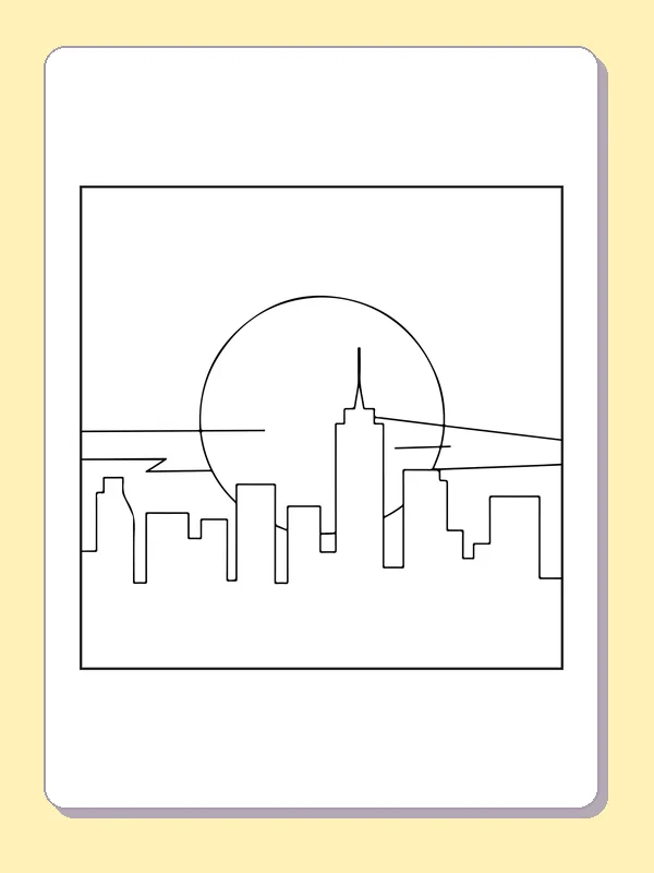 Black and white printable low sun beyond the town coloring sheet