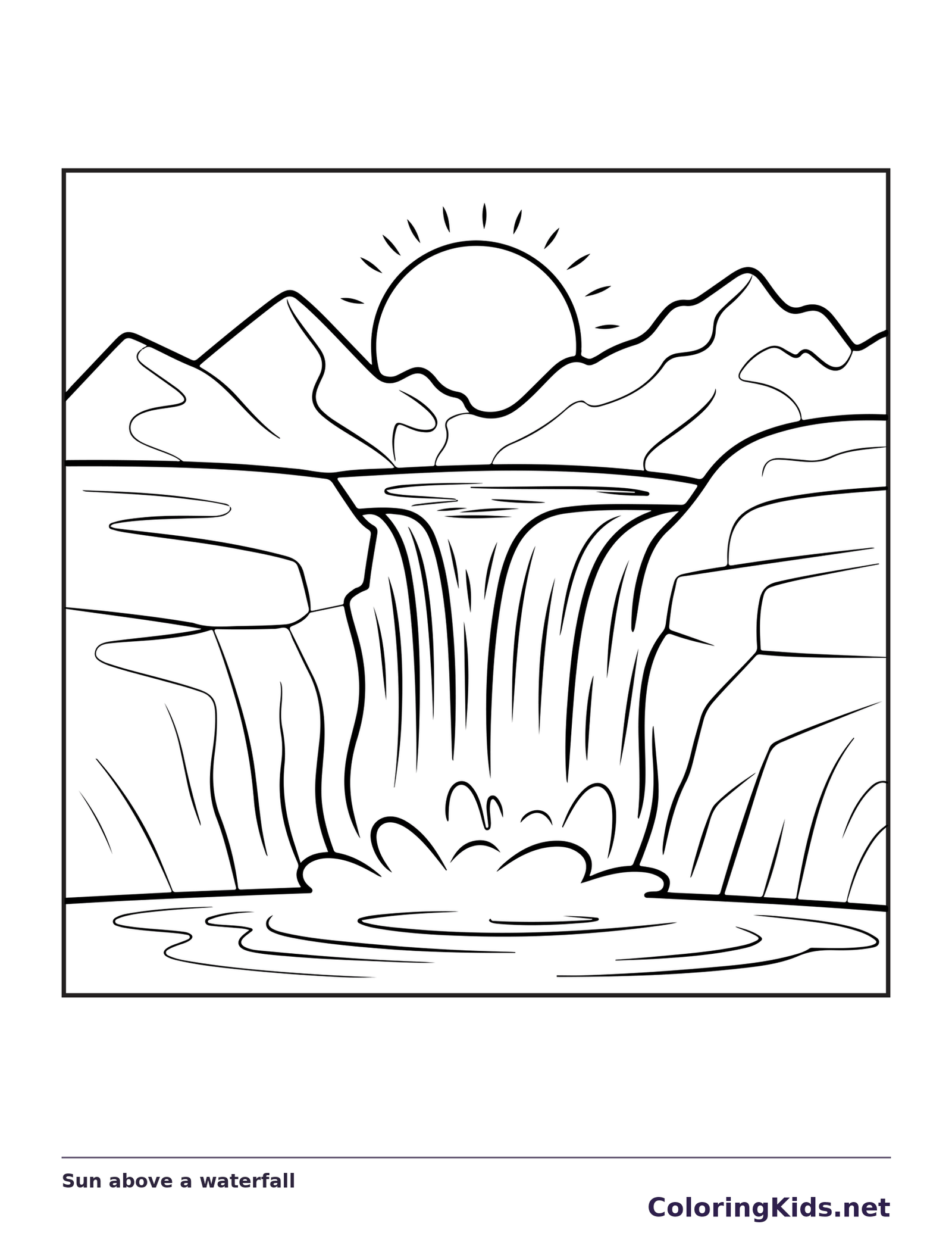 Black and white printable sun above a waterfall coloring sheet