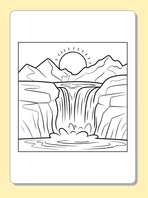 Black and white printable sun above a waterfall coloring sheet