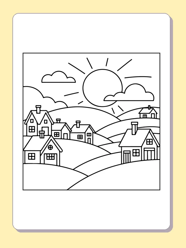 Black and white printable sun above small houses coloring sheet