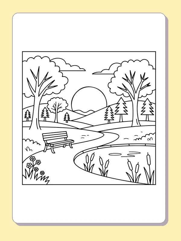 Black and white printable sun on a winding river coloring sheet