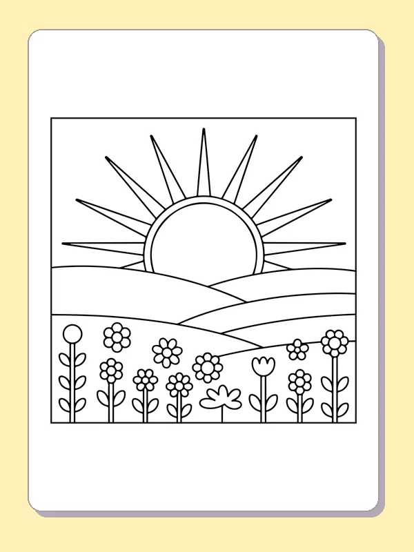 Black and white printable sun over a wildflower field coloring sheet