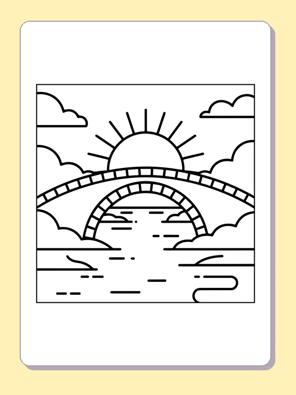 Black and white printable sun sinking behind a bridge coloring sheet