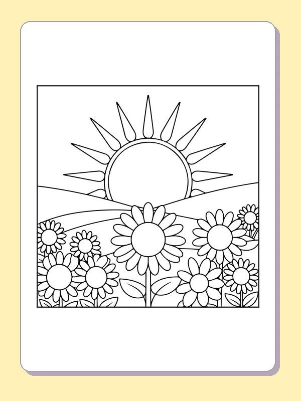 Black and white printable sunset in tall flower beds coloring sheet